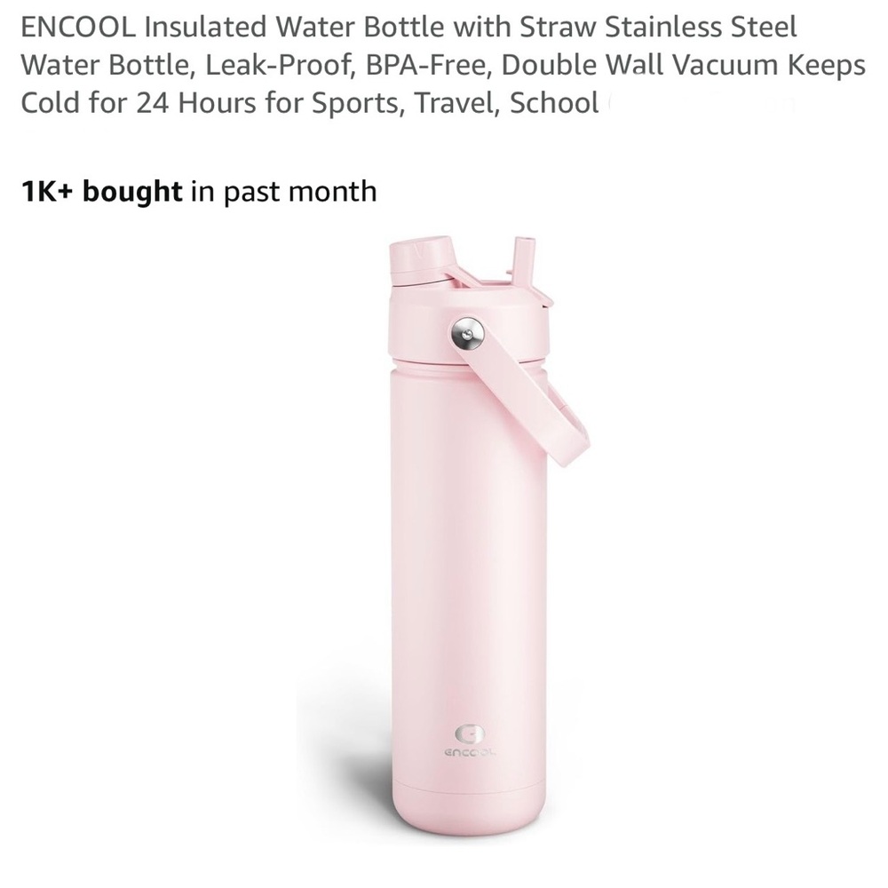 ENCOOL Pink Insulated Water Bottle with Straw